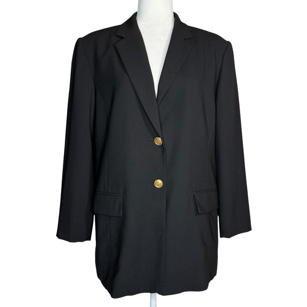 Talbots Vintage Black 100% Pure Wool Gold Button Blazer Jacket 16 Made In‎ Japan